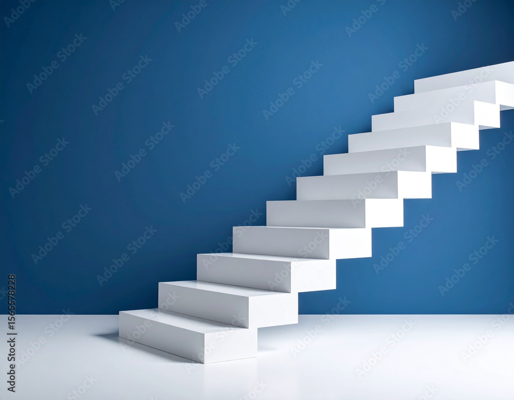 Poster a minimalist 3d rendering of clean white stairs ascending against a solid blue wall, with a white fl