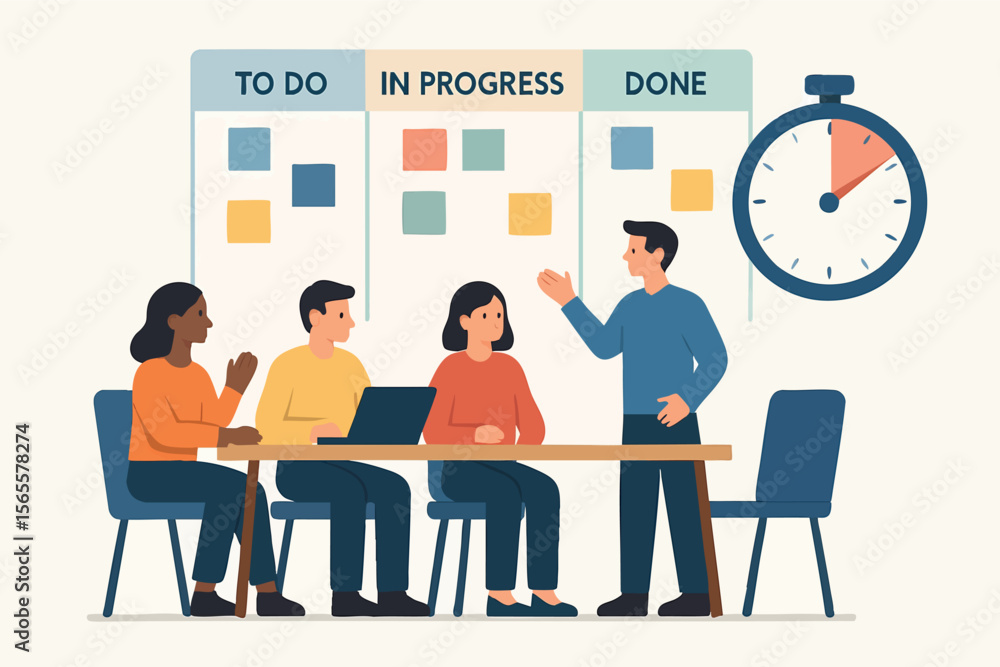 Poster flat vector agile scrum meeting with sprint board and timer, isolated on white