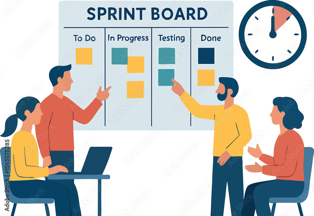 Poster flat vector agile scrum meeting with sprint board and timer, isolated on white