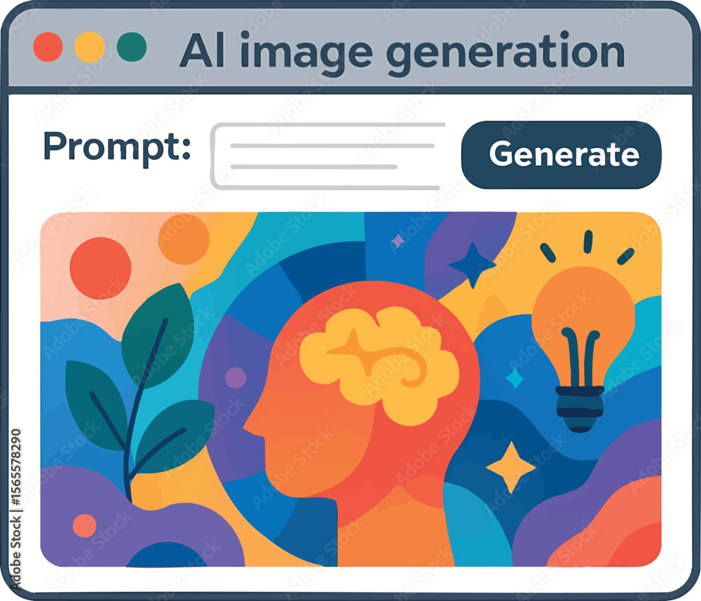 Poster flat vector ai art generation interface with prompt box and colorful output, creative tech trend, is