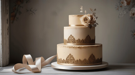Luxury three-tier wedding cake with gold lace details, sugar roses and ribbon decoration in vintage elegant style