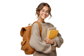PNG Young caucasian female student with backpack holding books and smiling