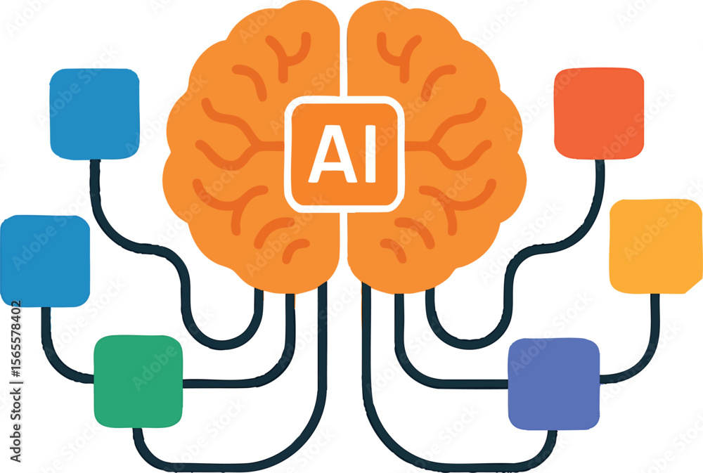 Poster flat vector ai brain with cables reaching to various apps, smart integration metaphor, isolated on w