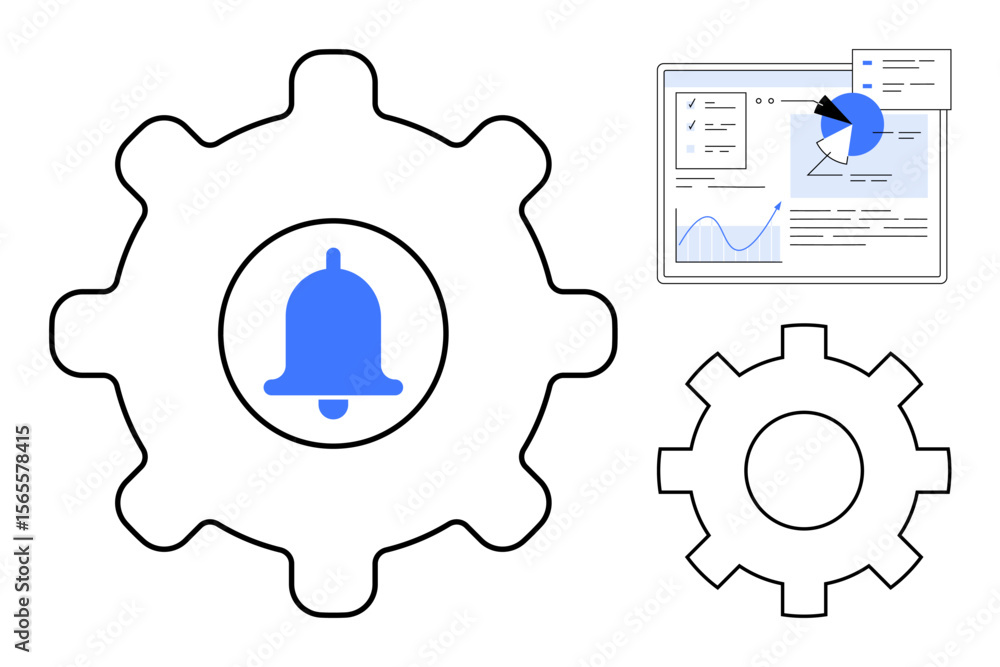 Poster gear with notification bell icon and analytics dashboard featuring charts and graphs. ideal for auto