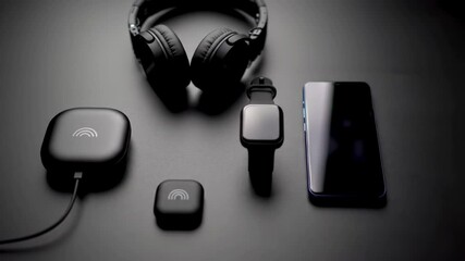 Modern technology accessories on dark surface, mobile phone, headphones