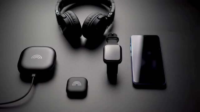Modern technology accessories on dark surface, mobile phone, headphones