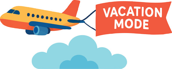Flat vector airplane flying above clouds with “Vacation Mode” banner, isolated on white