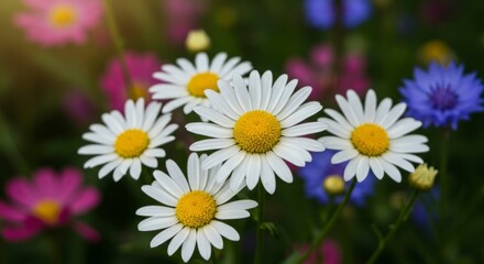 Fototapeta premium Vibrant daisies and wildflowers bask in sunlight, creating a colorful summer meadow scene