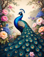 peacock in the garden vintage art illustration 