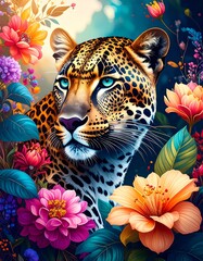 illustration of a leopard in tropical flowers, wall and poster art 
