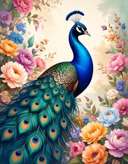 a beautiful peacock in a background of vintage flowers 