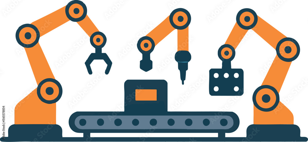 Aufkleber flat vector automated assembly line with robotic arms working on product, isolated on white