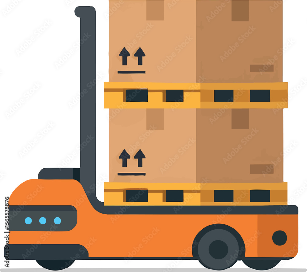 Poster flat vector automated guided vehicle (agv) transporting materials in smart warehouse, isolated on wh