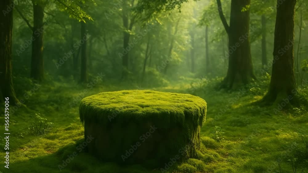 Poster a tranquil forest scene showcasing a moss-covered stone in a lush green setting. light filters throu