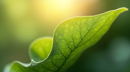 ; An HD macro shot of a fresh green leaf with intricate vein patterns, sunlight passing through the surface and creating glowing edges --