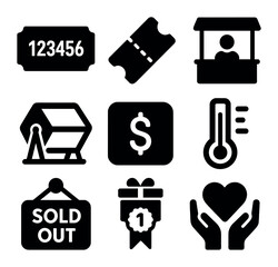 Raffle Ticket Icons. Solid, filled icons set of raffle ticket sales: numbered ticket, ticket stub, sale booth,