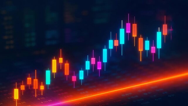 A vibrant digital illustration of a stock market chart featuring colorful candlestick patterns, reflecting market trends and data analysis in a modern financial environment.