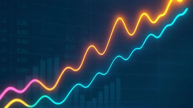 A vibrant graphical representation of financial growth, featuring colorful line charts against a dark background, symbolizing progress and market trends in the business world.