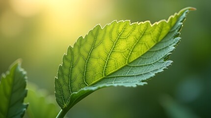 ; An HD macro shot of a fresh green leaf with intricate vein patterns, sunlight passing through the surface and creating glowing edges --