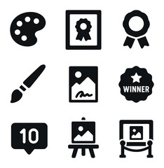 Art Contest Icons. Solid, filled icons set of art contest winners: paint palette, framed award, ribbon tag,
