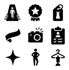 Fashion Icon Set. Solid, filled icons set of fashion contest winners: runway icon, style badge, outfit tag,