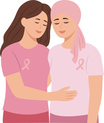 Female friends standing hugging each other.Concept of support and solidarity with women fighting oncological disease.Breast Cancer Awareness Month. Vector illustration