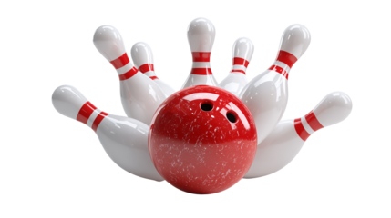 Bowling Ball Striking Pins with Red Rings Transparent Background 
