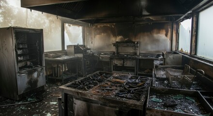 Damaged commercial kitchen after fire.  Extensive smoke and fire damage throughout