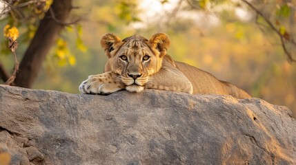 A powerful image of an Indian lion resting majestically on a rock during festive season