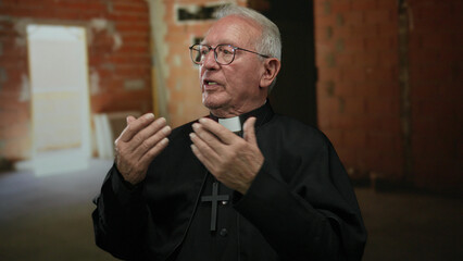 Senior priest in black robe gestures thoughtfully indoors at a brick-walled construction site,...