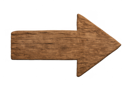 Rustic wooden directional sign pointing rightward, mounted on clear backdrop, signaling navigational guidance