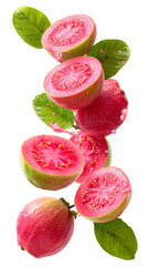 Fresh pink guava slices with leaves falling isolated on transparent white background, clipping path