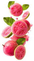 Fresh pink guava slices with leaves falling isolated on transparent white background, clipping path