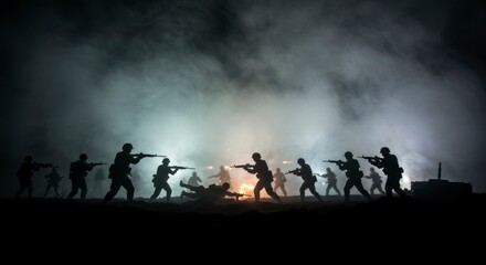 Fototapeta premium Soldiers engage in a nighttime battle