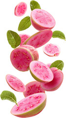 Fresh pink guava slices with leaves falling isolated on transparent white background, clipping path