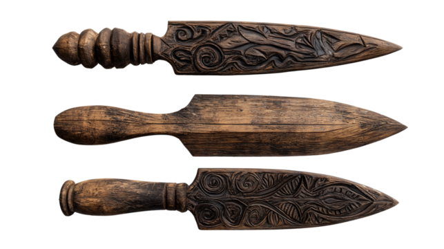 Set of Three Hand-Carved Decorative Wooden Knives on Transparent Background