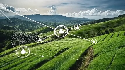 Tea Plantation Scenery with Network Connection Overlay for Technology Integration Visualization - Powered by Adobe