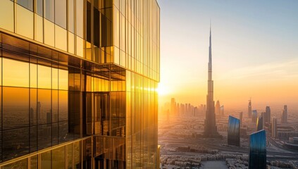 Dubai sunset with modern cityscape.