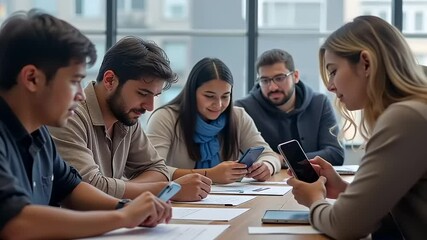 Group of diverse students using mobile phones in a meeting, focusing on technology in education - Powered by Adobe