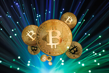 Bitcoin Cryptocurrency Digital Exchange and Blockchain Finance Concept with Fiber Optic Lights