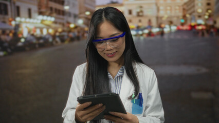 Young chinese woman scientist in a uniform holds a tablet outdoors on a bustling city street,...
