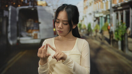 Young woman counting fingers outdoors on busy street with blurred background, showing focus and...