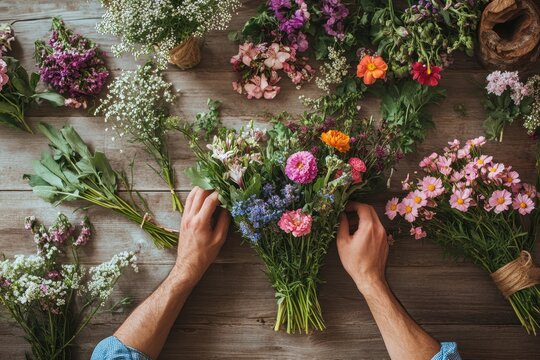 Spring Handcrafted Floral Creation: Overhead View of Man Designing a Beautiful Bouquet