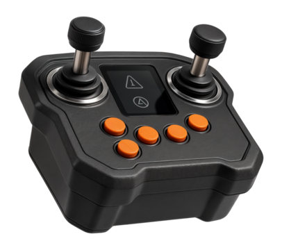 Heavy-duty 3D controller with a reinforced housing and analog sticks for rugged environments in construction equipment testing.