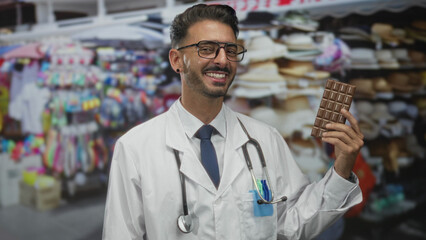 Man doctor with stethoscope holds chocolate bar among souvenir stalls in street market; curiosity.