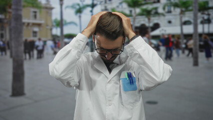 Young scientist in lab coat grasping head with both hands on city street; stress tension anxiety...