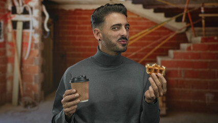 Man biting waffle and holding coffee cup in gray turtleneck sweater in a construction building...