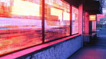 Illuminated building facade with glowing digital displays.