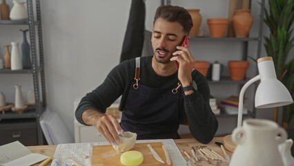 Man kneads a small clay bowl with hands and holds phone to ear in a workshop studio; craftsmanship...