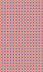 Retro inspired textile design featuring seamless geometric shapes and a playful pattern, with red dots inside off-white squares.